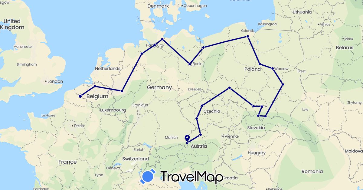 TravelMap itinerary: driving in Austria, Belgium, Czech Republic, Germany, France, Poland (Europe)